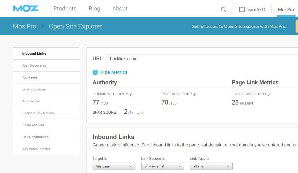 Moz Backlink Checking Tool