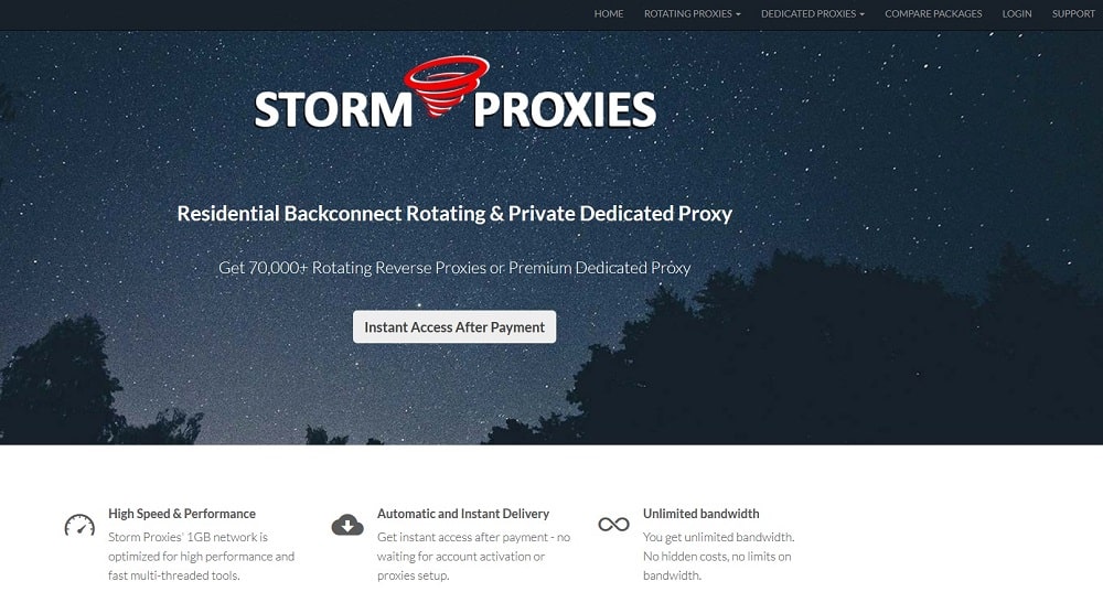 homepage of storm proxies