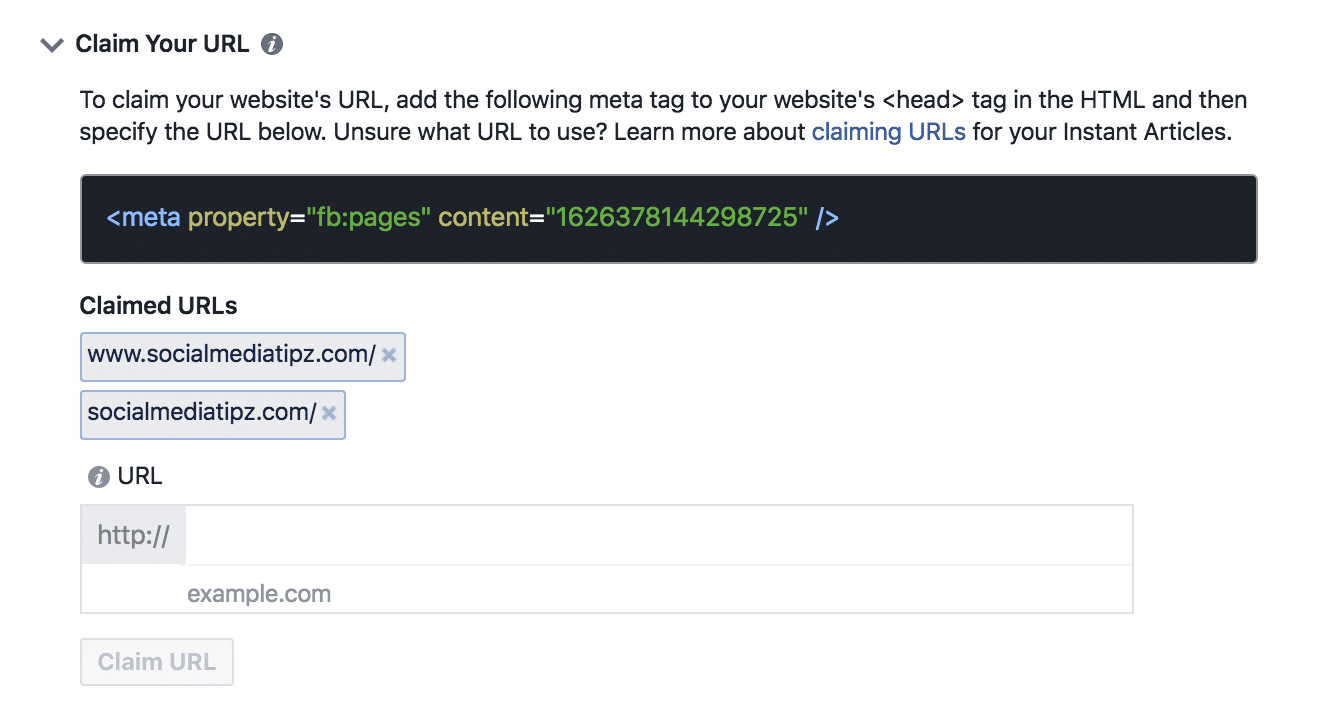 claiming url for facebook instant articles