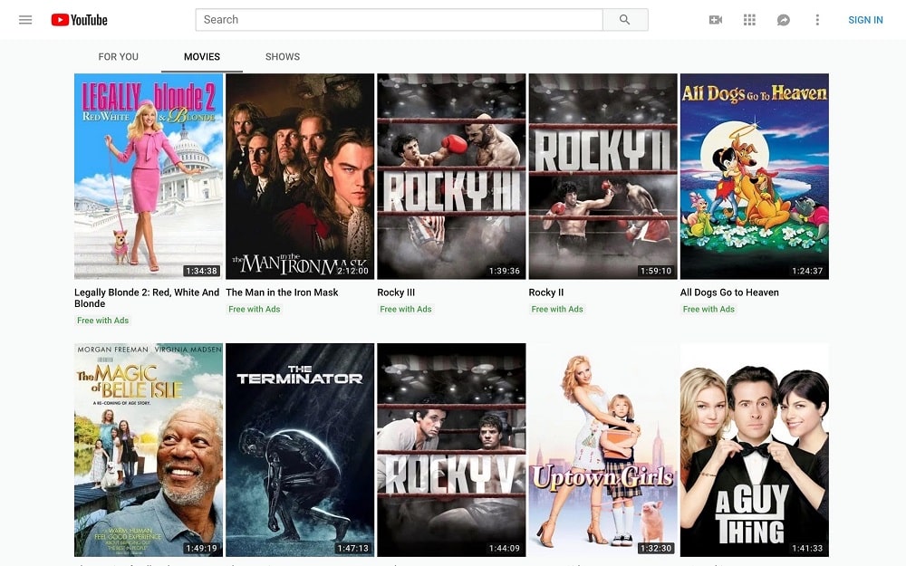 YouTube Movies homepage