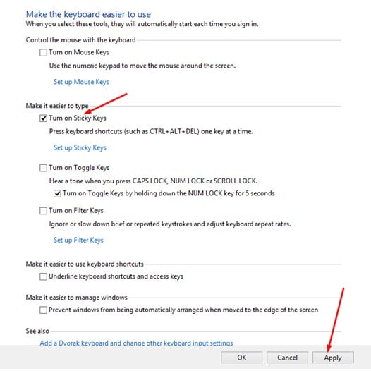 turn on sticky keys