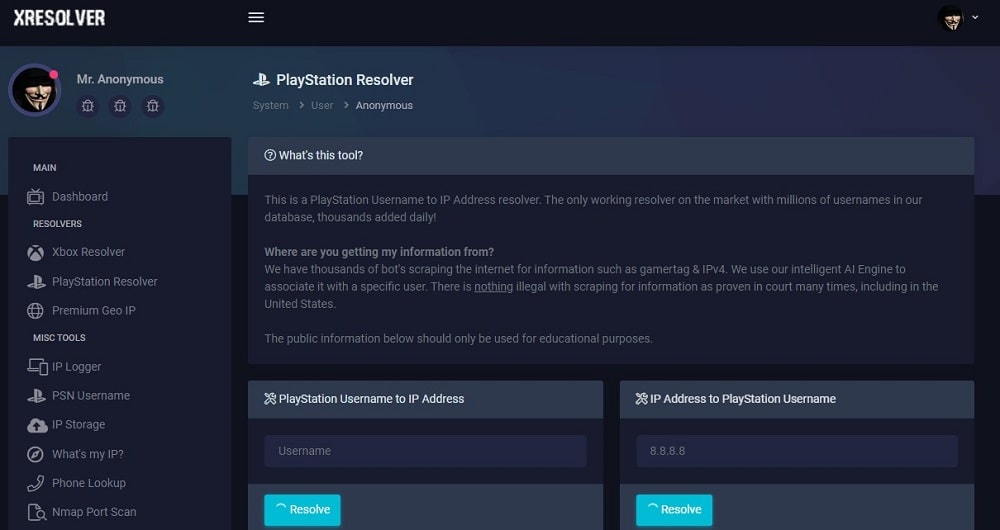 xResolver Homepages for PSN Resolver