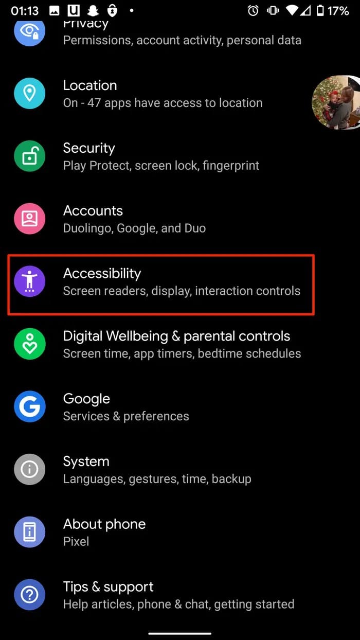 Accessibility from the Settings menu