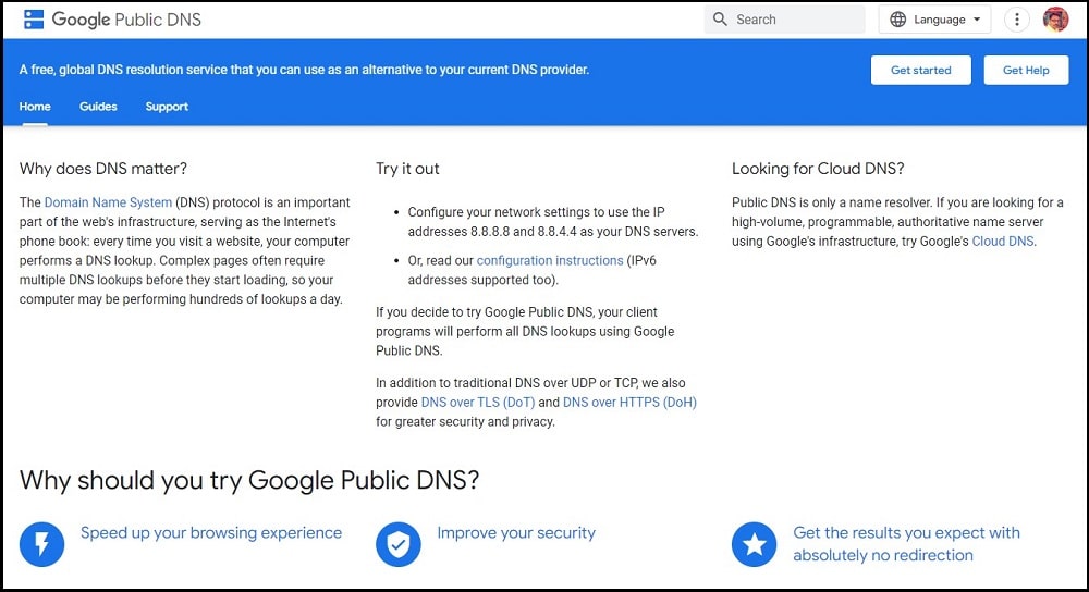 Google Public DNS Homepage