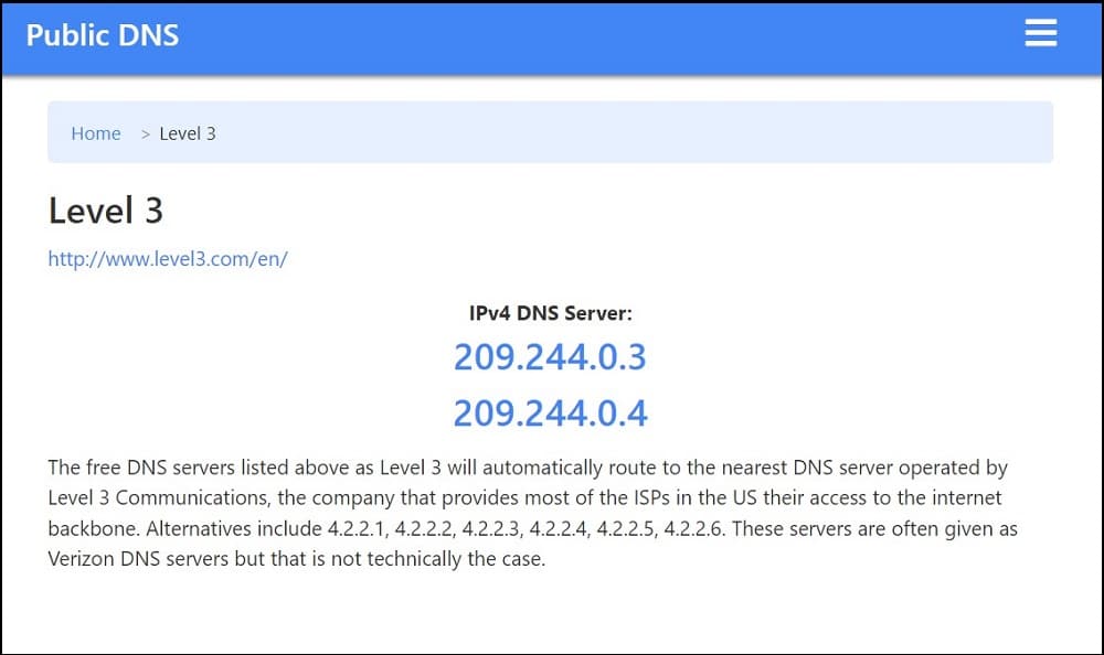 Level3 DNS Homepage