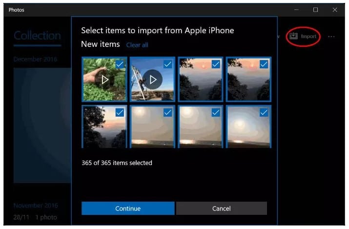 Select Items to import from Apple iPhone