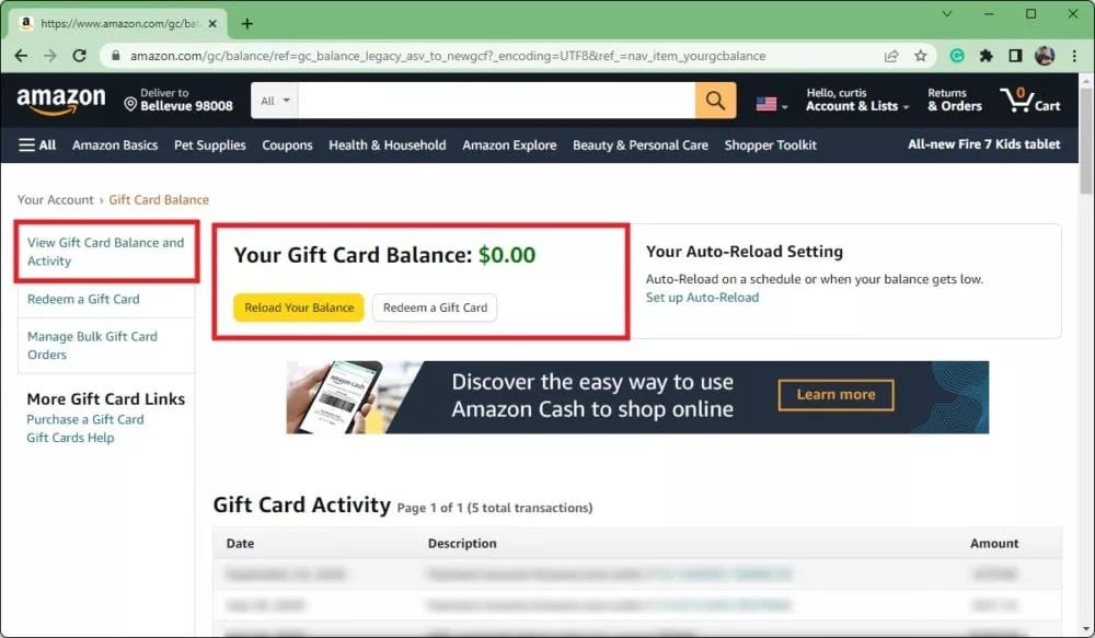 Amazon gift card balance