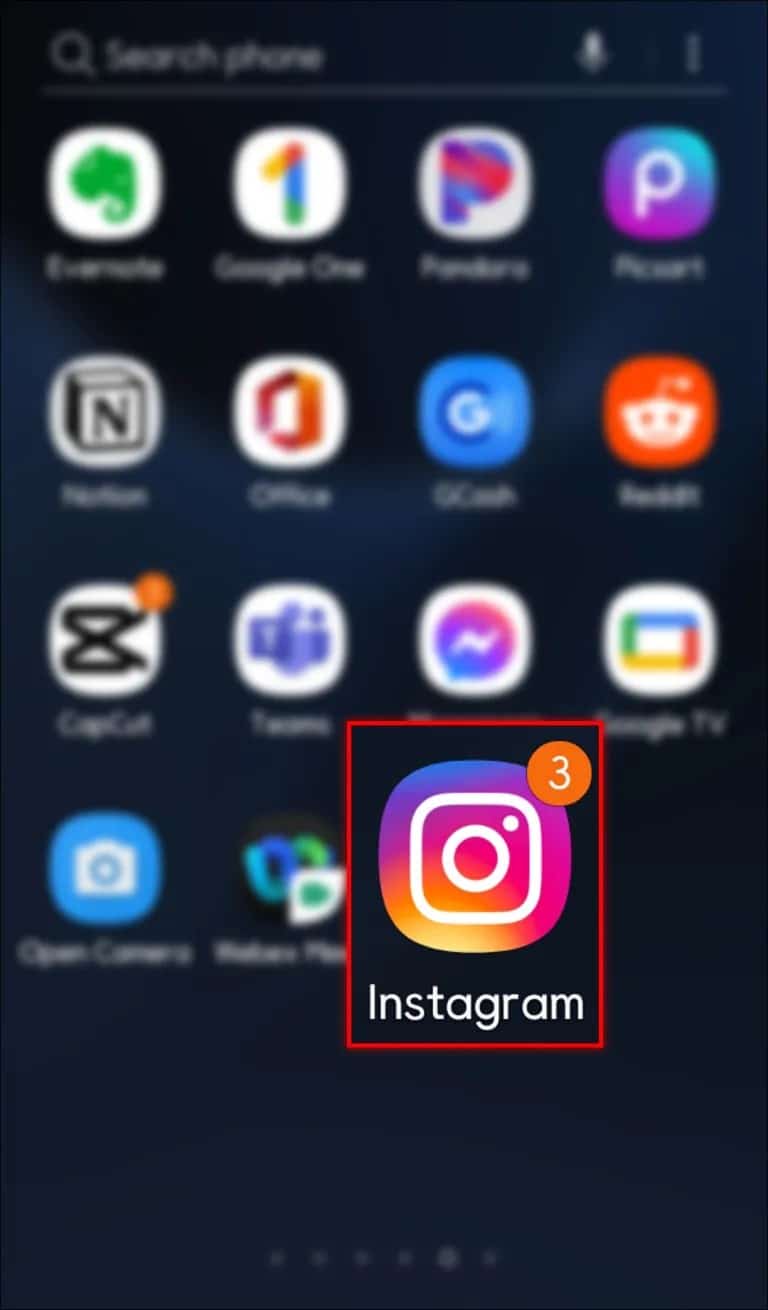 Main menu on Instagram