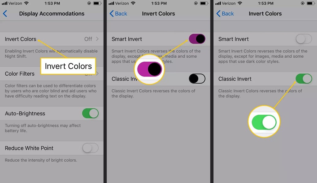 Two ways to invert the color of the interface or images