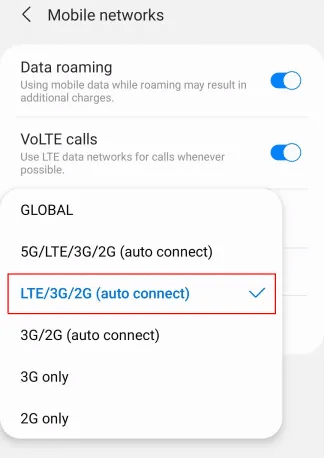 Choose a network option without 5G